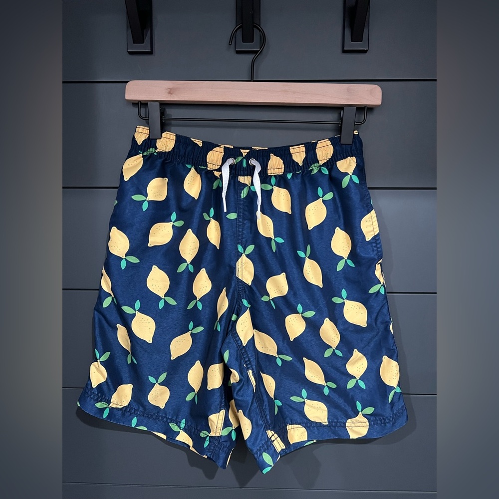 Hanna Andersson Kids Swim Trunks - Navy Blue with Lemon Print